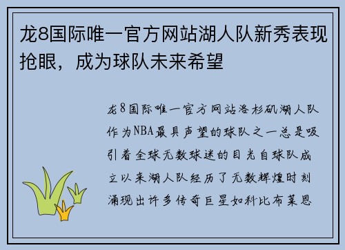 龙8国际唯一官方网站湖人队新秀表现抢眼，成为球队未来希望