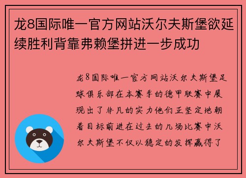 龙8国际唯一官方网站沃尔夫斯堡欲延续胜利背靠弗赖堡拼进一步成功