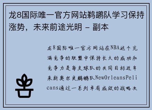 龙8国际唯一官方网站鹈鹕队学习保持涨势，未来前途光明 - 副本