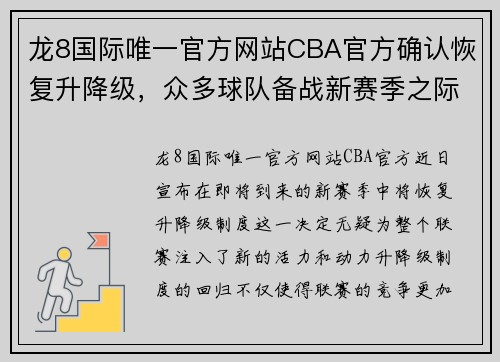 龙8国际唯一官方网站CBA官方确认恢复升降级，众多球队备战新赛季之际更显激烈竞争 - 副本 (2)