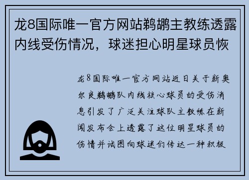 龙8国际唯一官方网站鹈鹕主教练透露内线受伤情况，球迷担心明星球员恢复进度受影响 - 副本